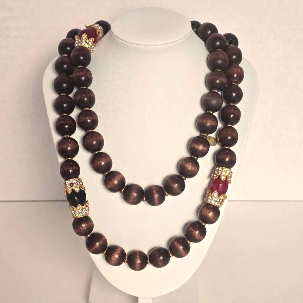 KENNETH LANE Vintage KJL Wood Rhinestone Jeweled Station Statement Necklace 60s